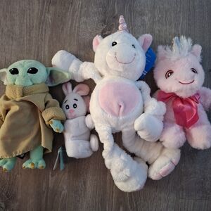 Baby Yoda, unicorn, bunny, and pink unicorn Kids Stuffed Aninal Lot Of 4